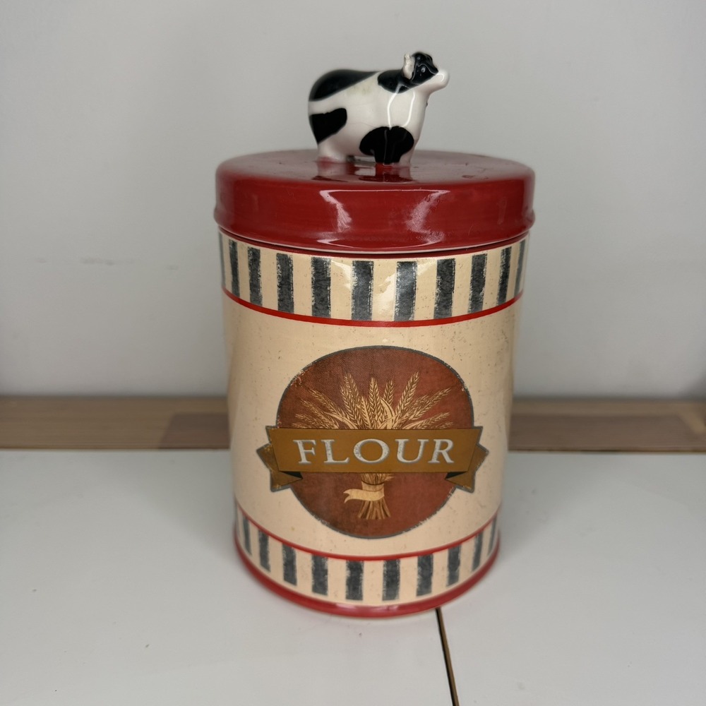 LTD Commodities Ceramic Farm Cow Flour Canister Jar with Sealing Lid Red Cream